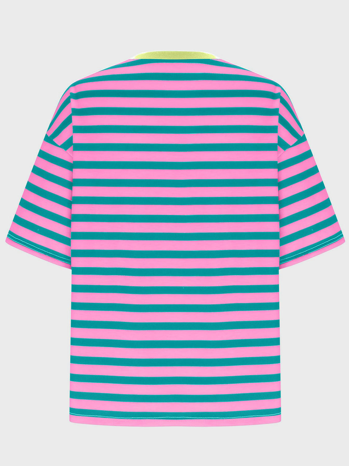 Oversized striped tee in pink and teal with dropped sleeves and a lime green neckline.