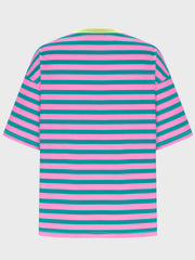 Oversized striped tee in pink and teal with dropped sleeves and a lime green neckline.
