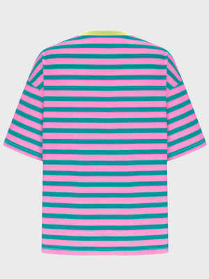 Oversized striped tee in pink and teal with dropped sleeves and a lime green neckline.