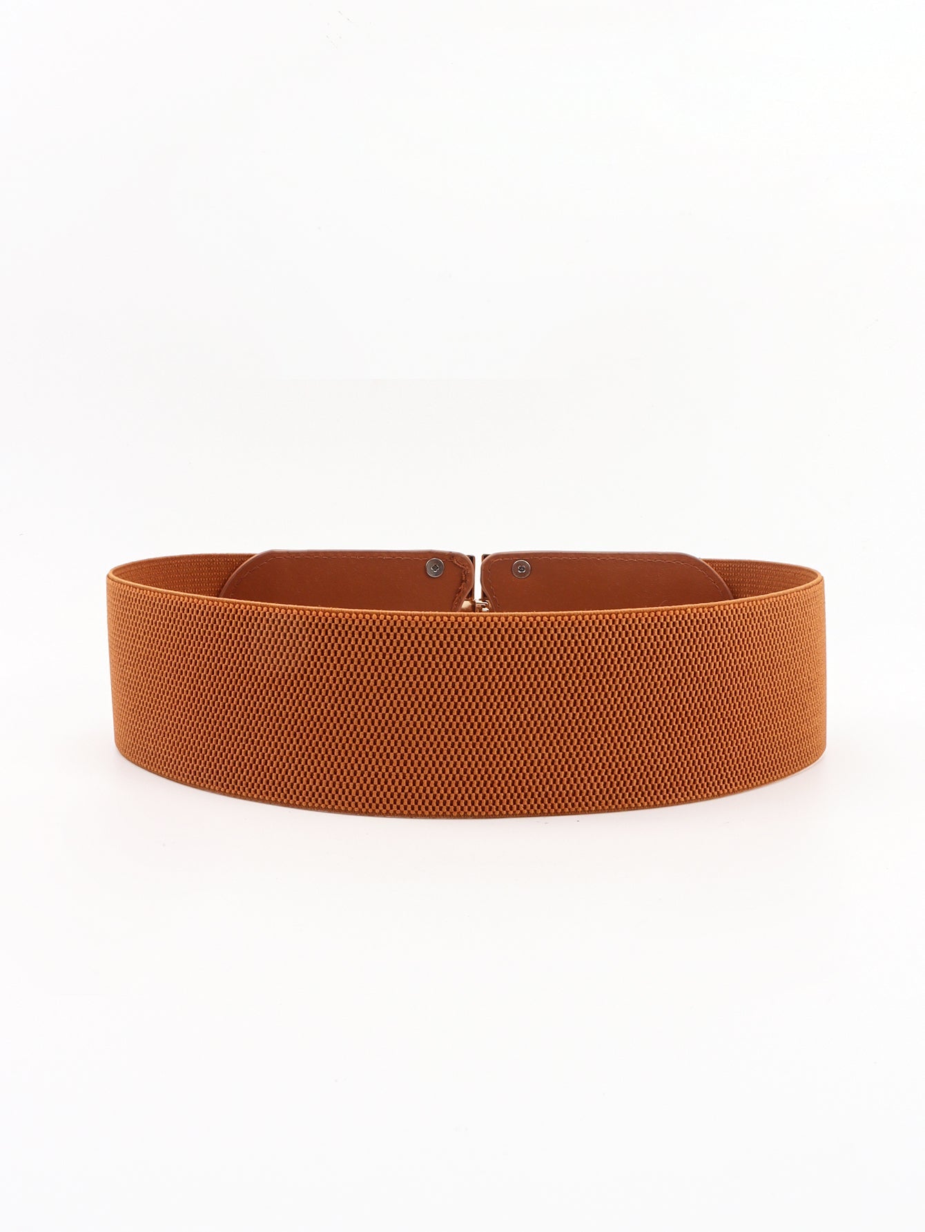 Brown elastic waist belt with double D buckle detail