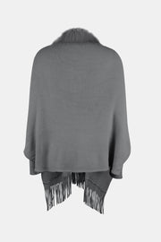 Charcoal faux fur trimmed fringe cape with a knitted texture