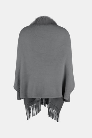 Charcoal faux fur trimmed fringe cape with a knitted texture