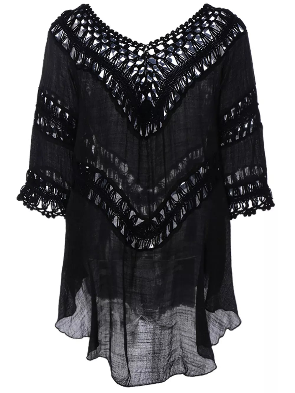 Black flowy cover-up with crochet trim and cutout details.
