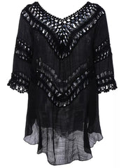 Black flowy cover-up with crochet trim and cutout details.