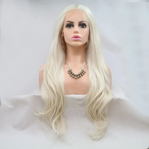 Blond lace front wig with long wavy hair styled on a mannequin.