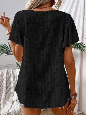Black embroidered square neck flutter blouse with textured fabric and short sleeves.