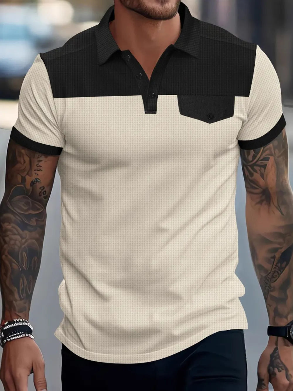 Colorblock waffle knit polo shirt in beige and black with a chest pocket and short sleeves.