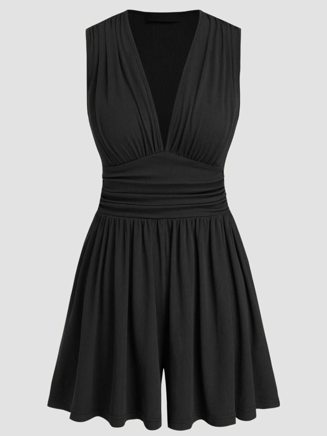 Black ribbed plunge romper with ruched waist and flared shorts