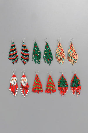 Beaded Christmas tree drop earrings in multiple festive styles and colors.