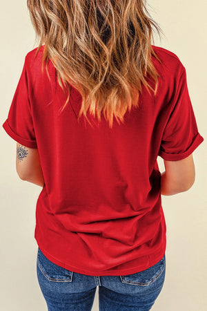 Red cotton blend t-shirt with cuffed sleeves and a graphic detail on the arm.