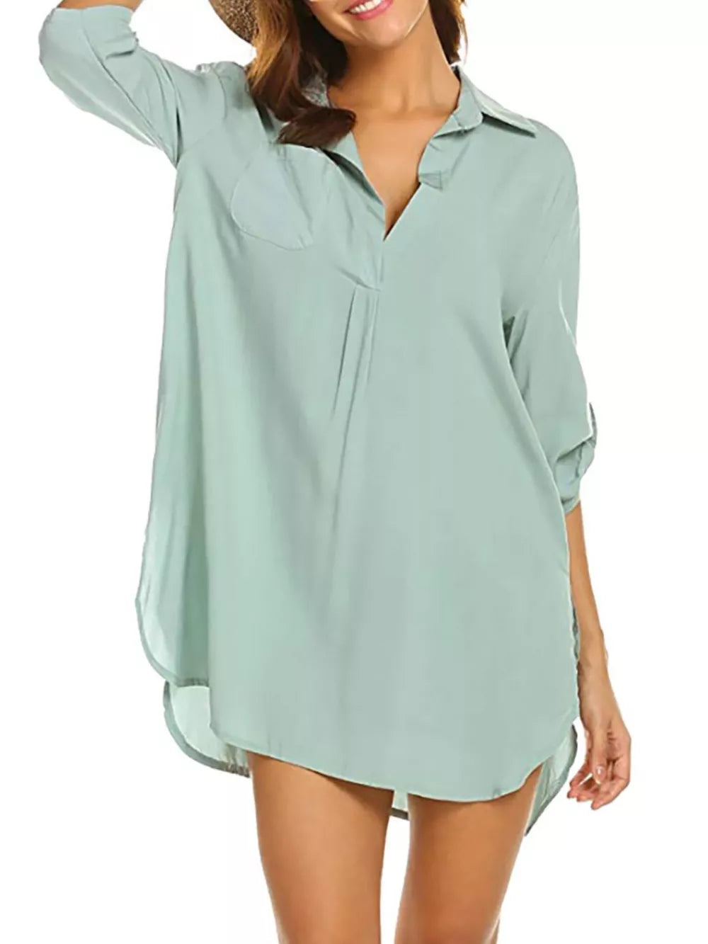 Light Green oversized collared shirt with a chest pocket and v-neck.