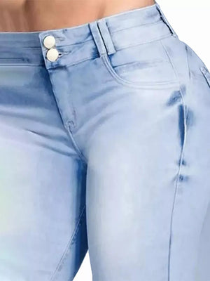 Light blue cotton spandex jeans with a high waist and double button closure.