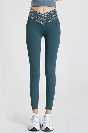 Deep Teal Angel Band Active Leggings with V-waistband and logo detail.