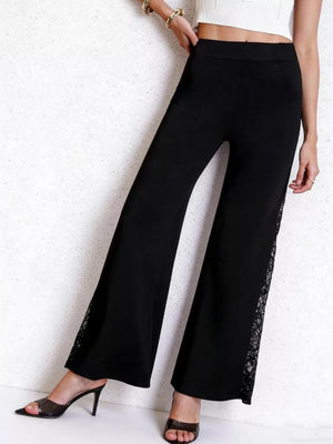 Black high-waist wide-leg pants with lace trim detail on the side seam.