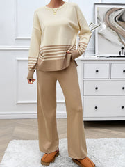 Color-blocked knit lounge set with tan and cream stripes, acrylic material, crewneck sweater, and wide-leg pants.