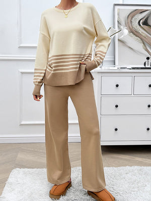 Color-blocked knit lounge set with tan and cream stripes, acrylic material, crewneck sweater, and wide-leg pants.