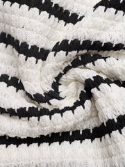 Chic Cutout Knit Mini Dress in black and white stripe pattern, textured knit fabric.