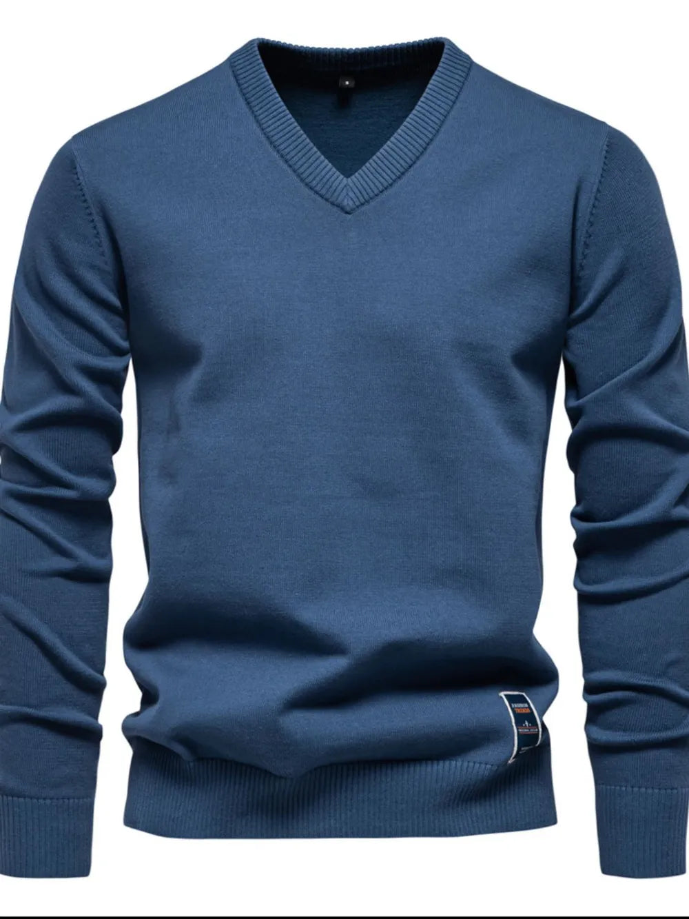 Peacock Blue V-neck ribbed knit sweater with long sleeves and a small logo tag.