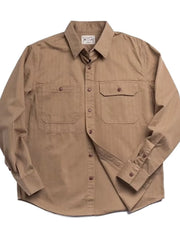 Khaki cotton twill utility shirt with two chest pockets and button front.
