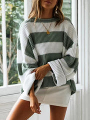 Striped oversized knit sweater in Sage and white with ribbed texture and wide sleeves.