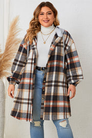 Plaid hooded shacket with balloon sleeves in black, featuring a button front and relaxed fit.
