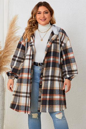 Plaid hooded shacket with balloon sleeves in black, featuring a button front and relaxed fit.