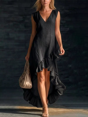 Full Size V-neck Ruffle Hem High-low Dress, fabric detail