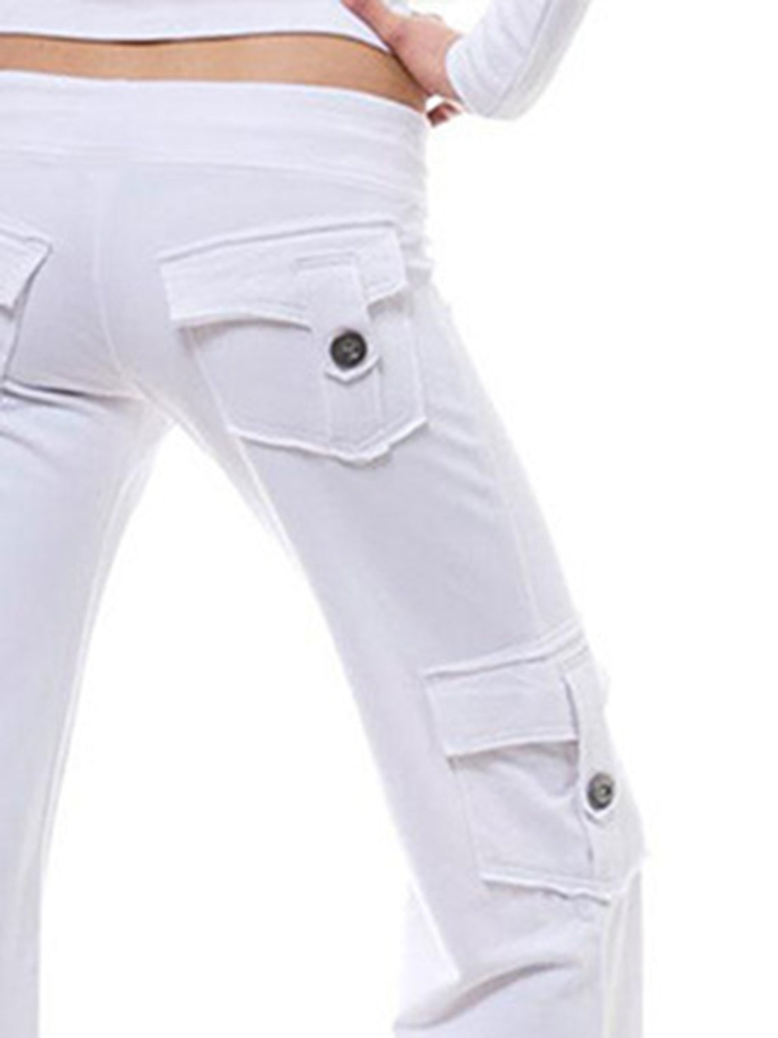 White cargo-inspired wide-leg drawstring trousers with button-flap pockets.