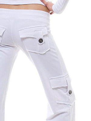 White cargo-inspired wide-leg drawstring trousers with button-flap pockets.