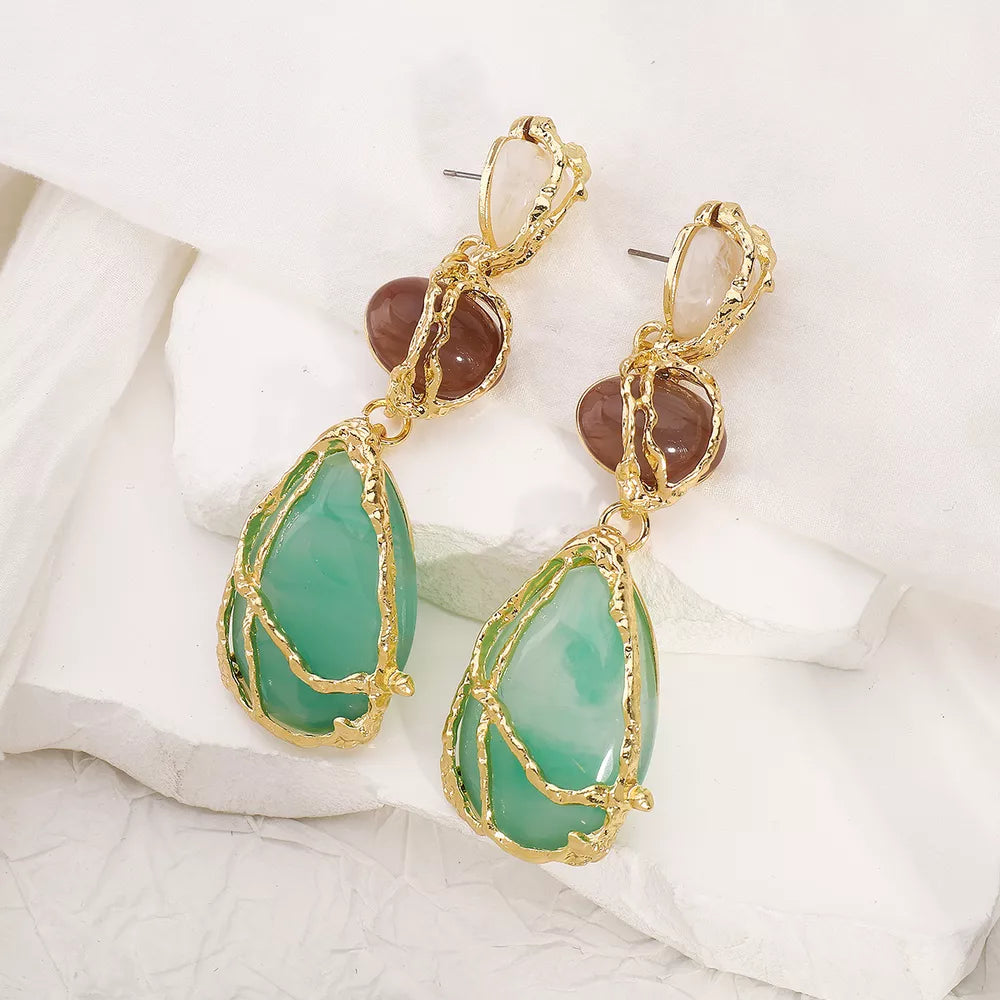 Gold-plated teardrop dangle earrings with green and brown stones