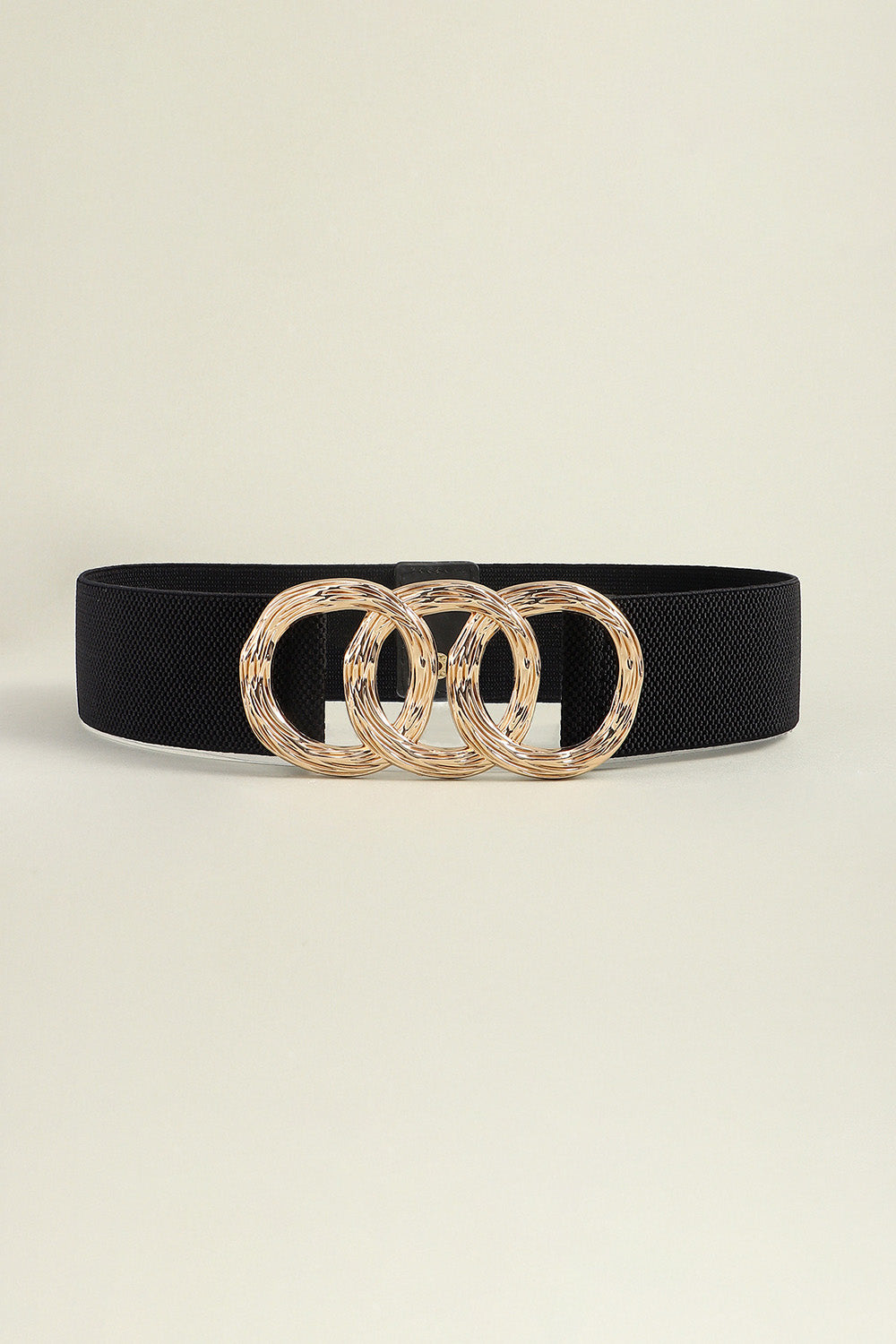 Black elastic belt with triple gold interlocking ring buckle detail