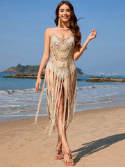 Khaki crochet fringe swim cover-up with intricate knit detail and spaghetti straps.