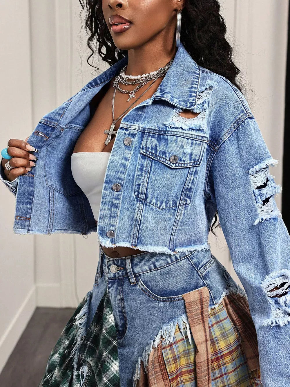 Distressed Cropped Denim Jacket, fabric detail