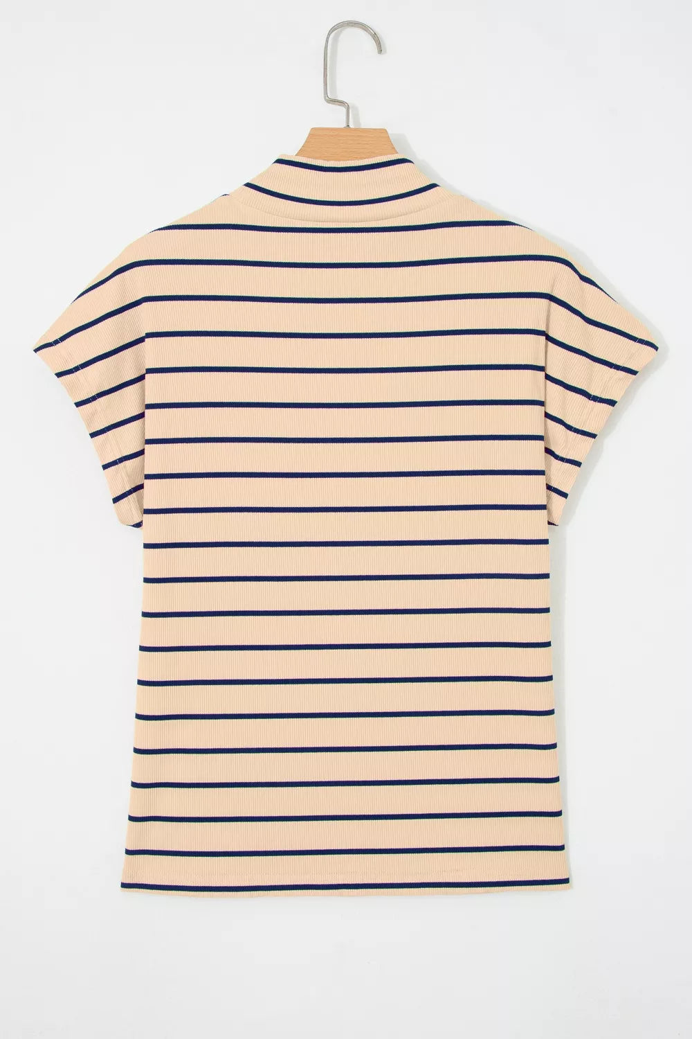 Striped mock neck t-shirt in beige with navy stripes, short sleeves, and a ribbed cotton blend.