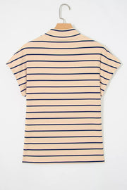 Striped mock neck t-shirt in beige with navy stripes, short sleeves, and a ribbed cotton blend.
