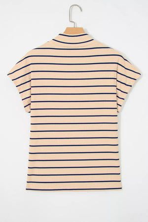 Striped mock neck t-shirt in beige with navy stripes, short sleeves, and a ribbed cotton blend.