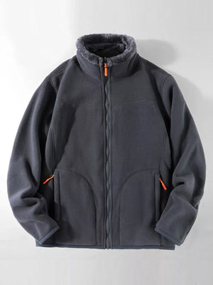 Dark gray fleece lined full zip sweatshirt with faux fur collar and orange zipper pull details.