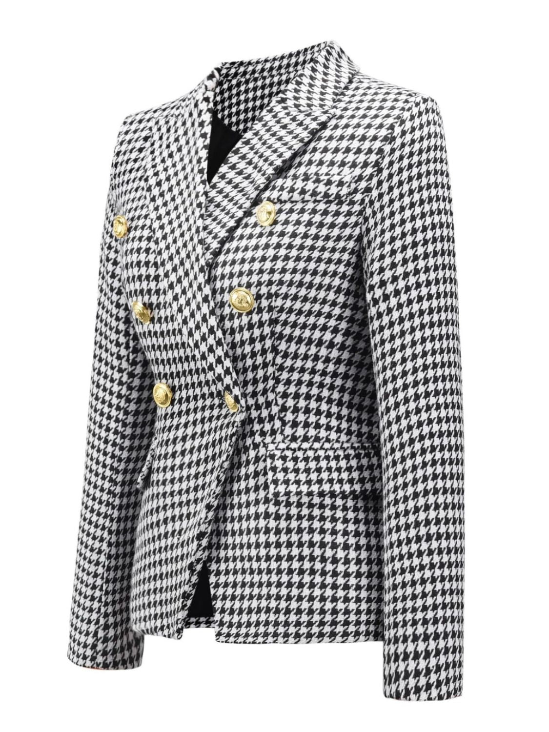 Houndstooth double-breasted blazer with gold buttons and a collar.