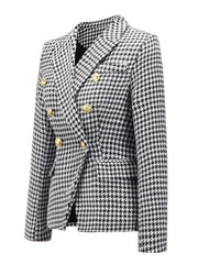 Houndstooth double-breasted blazer with gold buttons and a collar.
