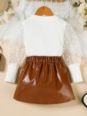 White polka dot sleeve top and brown faux leather skirt set for toddlers.