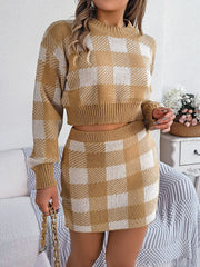 Khaki checkered knit cropped sweater and mini skirt set with crew neck and ribbed details.