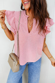 Red and white striped cotton blouse with ruffled butterfly sleeves and a V-neck.