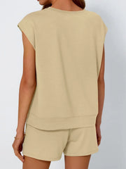 Tan loungewear set with cap-sleeve top and drawstring shorts