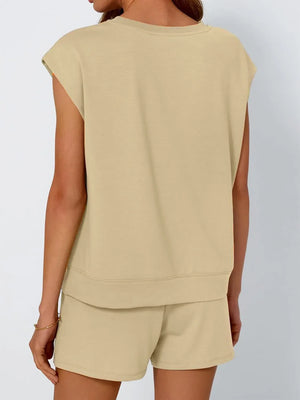 Tan loungewear set with cap-sleeve top and drawstring shorts