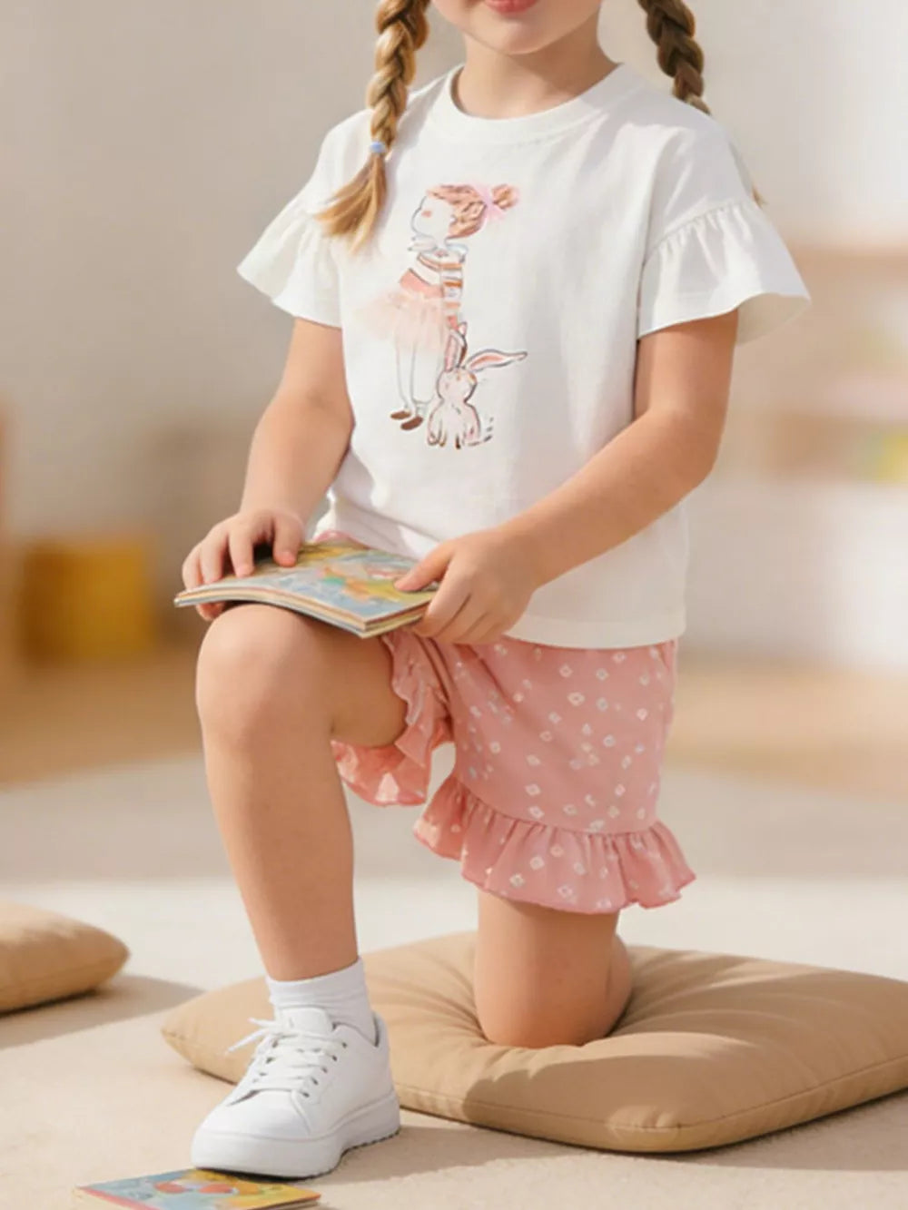 Baby girl's white ruffled sleeve tee with graphic and pink floral shorts set.