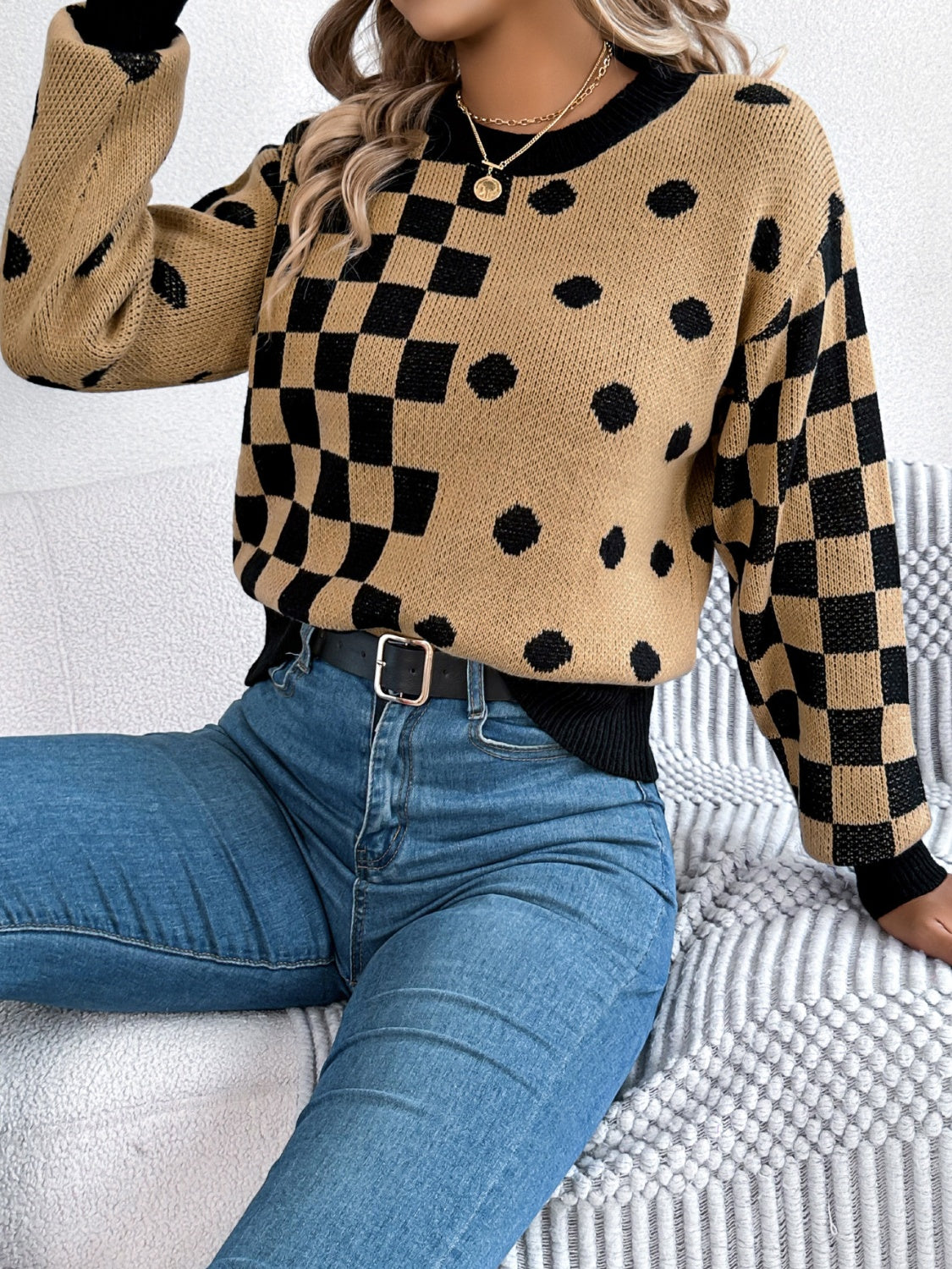 Camel knit sweater with checkerboard and dot intarsia pattern, crew neck, long sleeves.