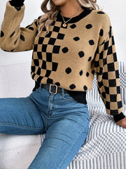 Camel knit sweater with checkerboard and dot intarsia pattern, crew neck, long sleeves.