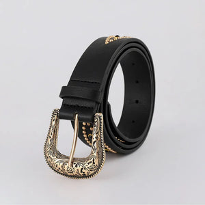 Black faux leather belt with gold studs and ornate antique buckle.