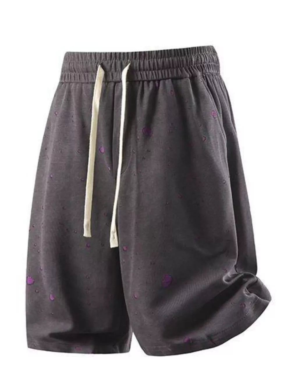 Men's relaxed fit cotton blend shorts in dark grey with purple speckle pattern and drawstring.