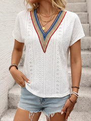 White embroidered eyelet V-neck t-shirt with colorful neckline trim